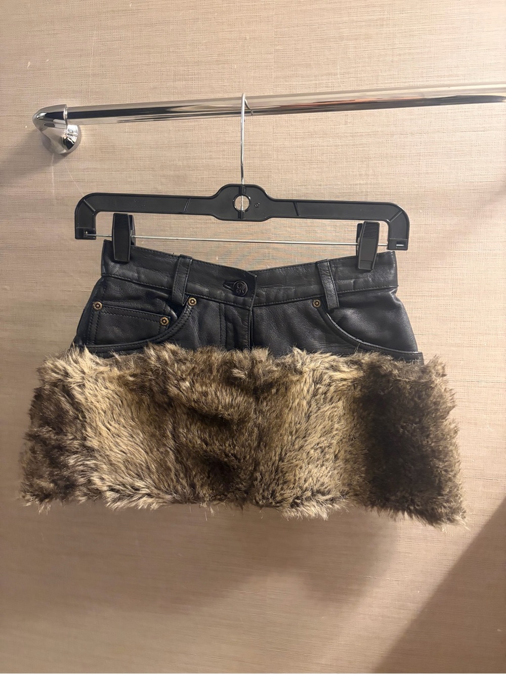 Faux Leather Mini Skirt with Brown Faux Fur Trim